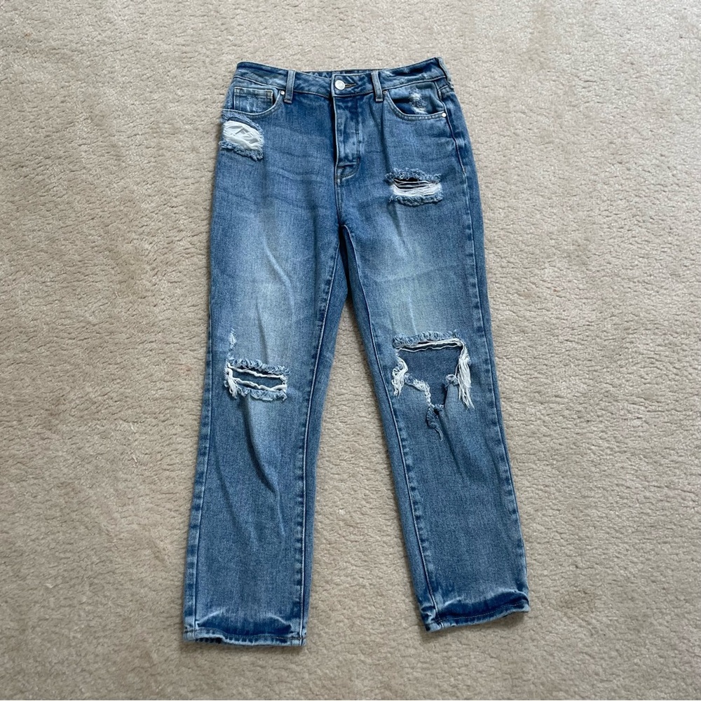 pacsun mom jeans medium wash distressed button up